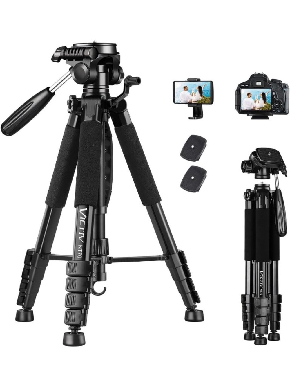 74” Adjustable Camera Tripod with Phone Holder for DSLR, Smartphone & Video